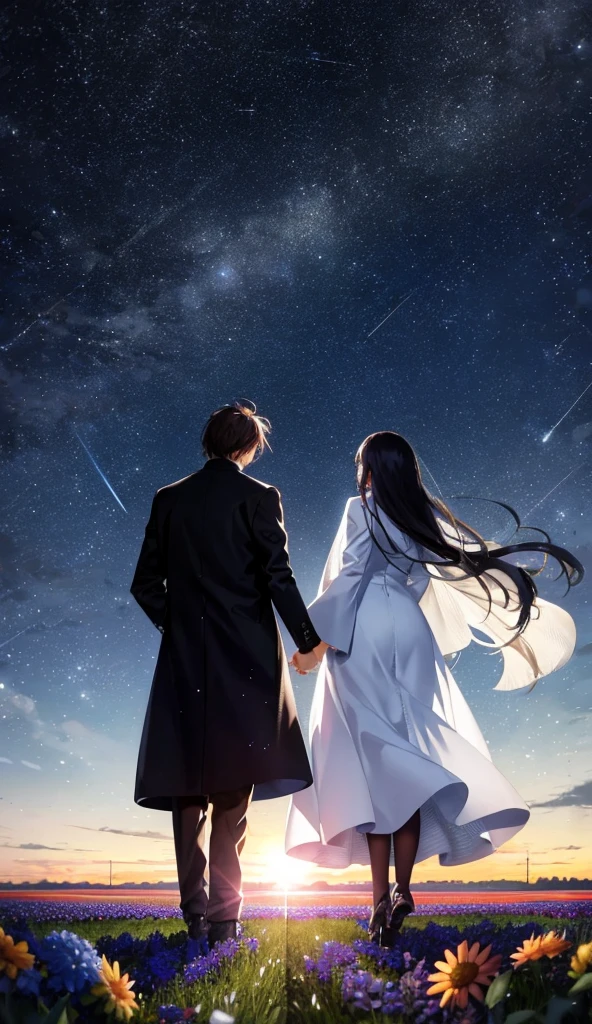 Starry Sky，Animated scene of a couple standing in a flower field,Back view，I can't see facial expressions，The man is wearing a long black coat，The woman is wearing a white long coat