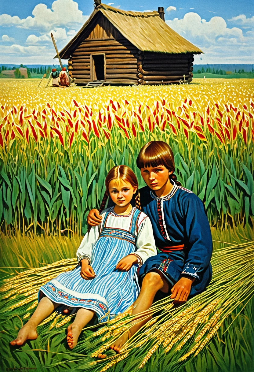 painting of two children, a girl and a boy in a field, a beautiful sister with a long braid sits on the grass, holding a little brother standing next to her, far in the background is a wooden hut, Slavic folk tale, Igor Grabar, traditional Russia, Mikhail Lebedev, Russian folk tale, on a wheat field, Vladimir Baranov-Rossin, Slavic style,