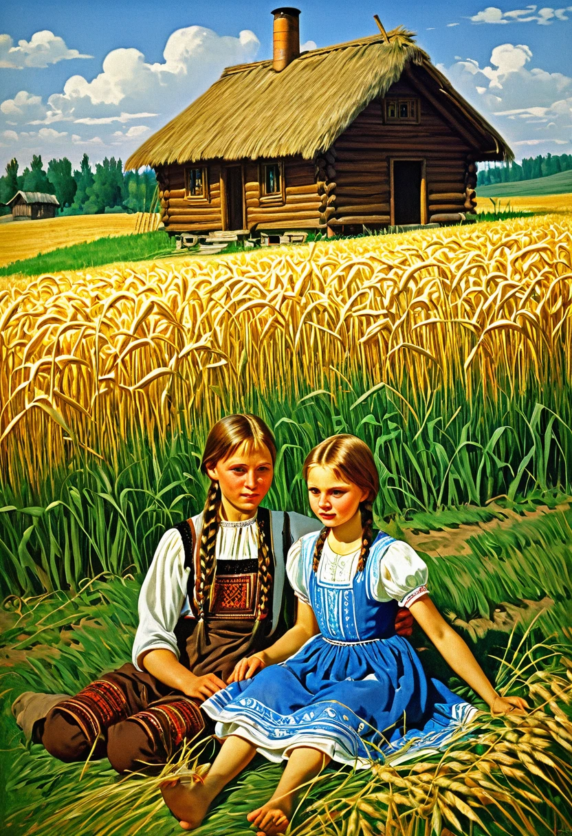 painting of two children, a girl and a boy in a field, a beautiful sister with a long braid sits on the grass, holding a little brother standing next to her, far in the background is a wooden hut, Slavic folk tale, Igor Grabar, traditional Russia, Mikhail Lebedev, Russian folk tale, on a wheat field, Vladimir Baranov-Rossin, Slavic style,