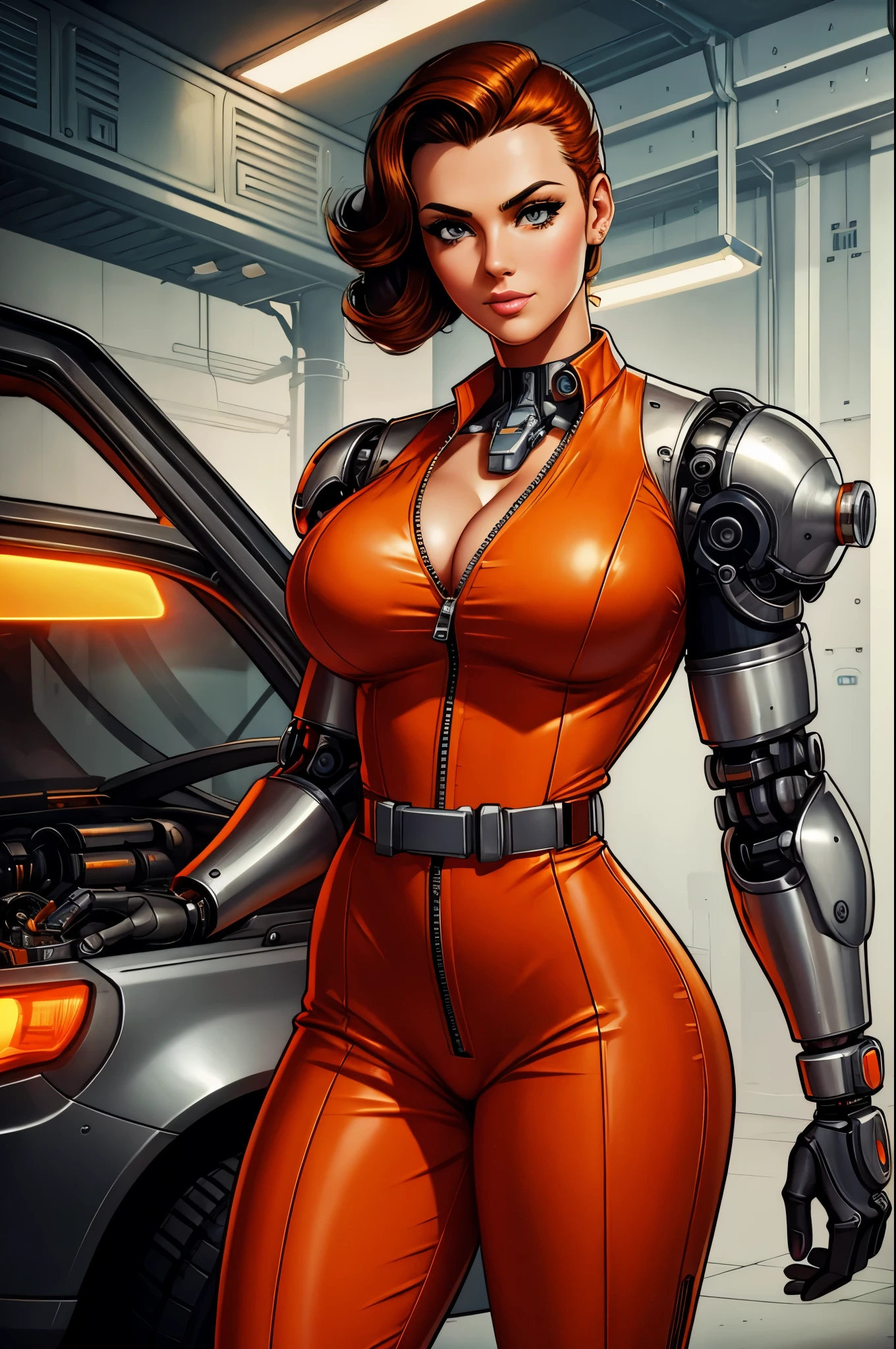 gorgeous mechanic, atompunk, blank background, retro-futurism, mechanical hand, cybernetic augments, unzipped orange jumpsuit, gunmetal grey, cleavage, 