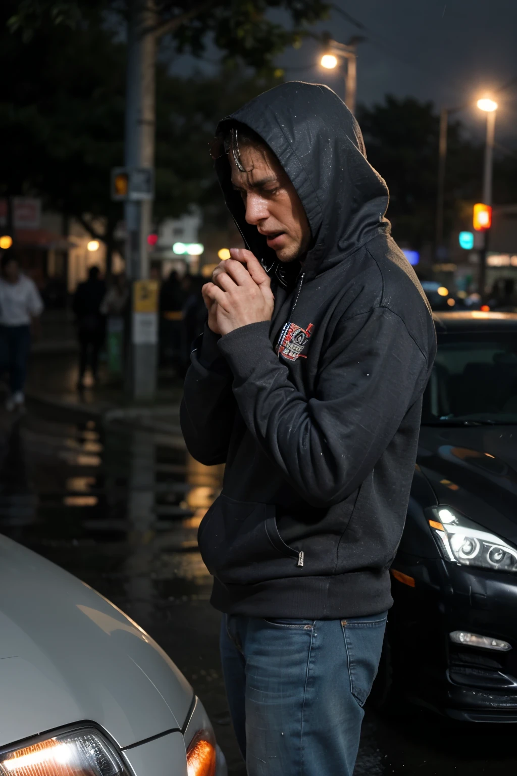 Best quality, masterpiece, super high resolution, a man crying in the rain, with hoodie, jeans, nissan gtr, city full of light.