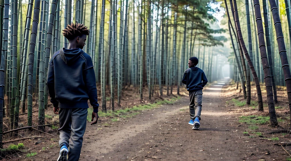 image of a black male ager, 12 yearing a knitted sweater - sweatshirt type - dark gray with long sleeves = no pattern - short curly hair - long pants - wearing straw sandals, - running with his back to the camera - alone in the forest - a Blue morpho butterfly - bamboo forest