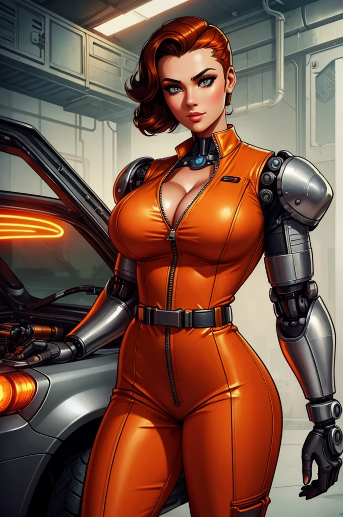 A gorgeous female mechanic in an atompunk style, with a blank background, wearing an unzipped orange jumpsuit revealing cleavage, featuring a mechanical hand and cybernetic augments, in a retro-futuristic setting with gunmetal grey tones