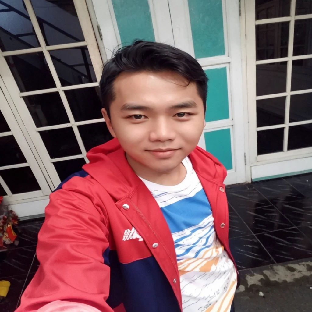 an Indonesian man taking photos in the Korean crowd, wearing a jacket and standing straight facing the camera. The photo was taken from the front position, the background is one of the cities in South Korea, the image looks like it was taken by a professional photographer.
