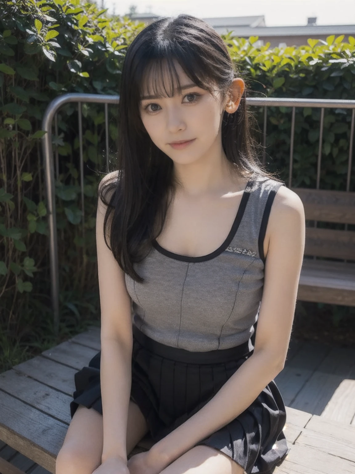 Open shirt, (((Leaning forward))), ((,Round face, Around s old,mini skirt、A loose-fitting tank top)), Long Hair, , Natural Makeup, Lips become thicker, Sexy Gaze, barefoot, ((Raise one leg)), Shooting from below,Gentle expression ,((Extremely precise and accurate anatomy)), (masterpiece:1.43), Perfect proportions, Realistic photos, Full Shot, whole body,