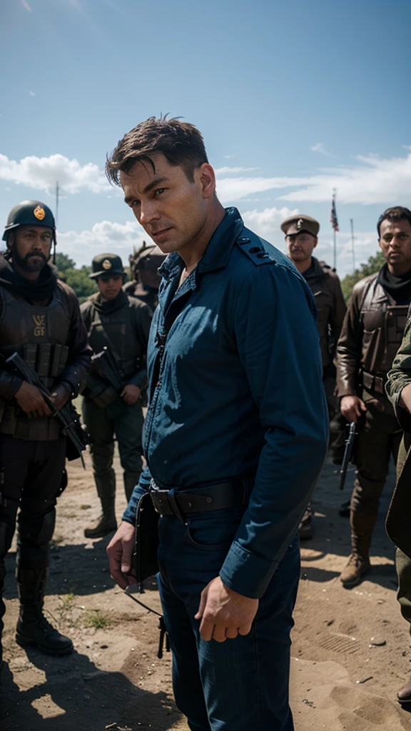 Captain Clarke's small unit of 20 men held off the enemy forces for hours, but they were vastly outnumbered, 4k realistic imagery, blue scenery like a movie scene, old american setting, inspired by blade runner movie scene, blue tone,