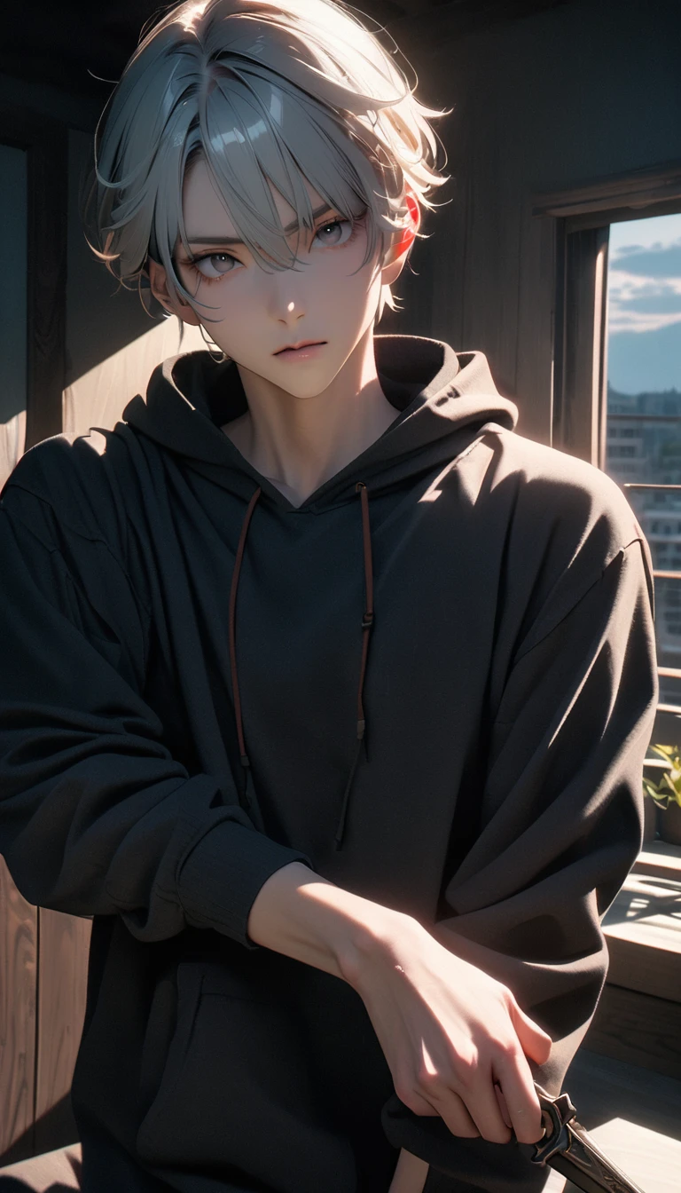 (8K, RAW photos, best quality, masterpiece: 1.4), (((Boy holding a dagger in attacking state)))，Ultra-high resolution, Extremely detailed, light, closeup of arms, handsome boy, black eyes, (delicate eyes, Eyes are bright:1.2), Gray short hair, Fair skin,dark, Grey sweatshirt, sweatshirt with hood,(perfect anatomy:1.2), High-quality shadows, Natural Lighting, (White highlights:1.2), night, cloudy day, (at home:1.2), (Man in black:1.2)