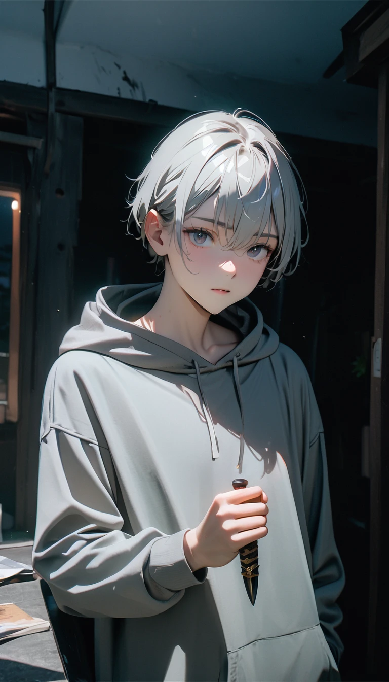 (8K, RAW photos, best quality, masterpiece: 1.4), (((Boy holding a dagger in attacking state)))，Ultra-high resolution, Extremely detailed, light, closeup of arms, handsome boy, black eyes, (delicate eyes, Eyes are bright:1.2), Gray short hair, Fair skin,dark, Grey sweatshirt, sweatshirt with hood,(perfect anatomy:1.2), High-quality shadows, Natural Lighting, (White highlights:1.2), night, cloudy day, (at home:1.2), (Man in black:1.2)