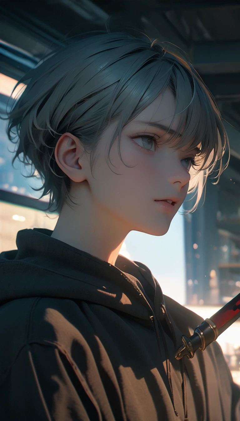 (8K, RAW photos, best quality, masterpiece: 1.4), (((Boy holding a dagger in attacking state))),Ultra-high resolution, Extremely detailed, light, closeup of arms, handsome boy, black eyes, (delicate eyes, Eyes are bright:1.2), Gray short hair, Fair skin,dark, Grey sweatshirt, sweatshirt with hood,(perfect anatomy:1.2), High-quality shadows, Natural Lighting, (White highlights:1.2), night, cloudy day, (at home:1.2), (Man in black:1.2)