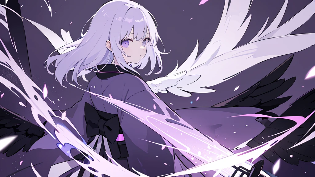 Standing Woman,Black wings on the back,Fluttering back,kimono,Purple light,force,cool,Gray background