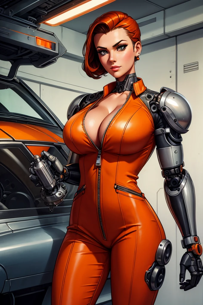 gorgeous mechanic, atompunk, blank background, retro-futurism, mechanical hand, cybernetic augments, unzipped orange jumpsuit, gunmetal grey, cleavage, 