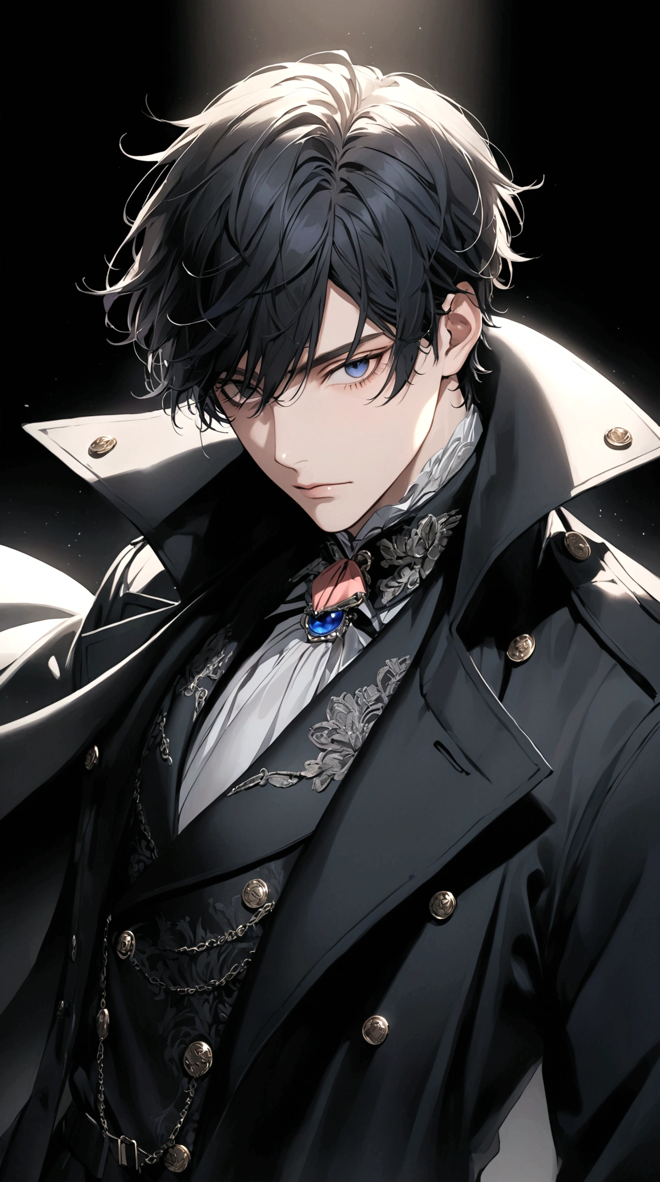Exquisite facial features,Young male，Black trench coat
