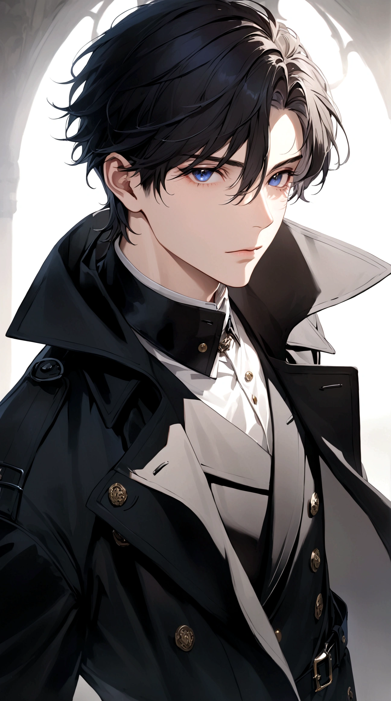 Exquisite facial features,Young male，Black trench coat