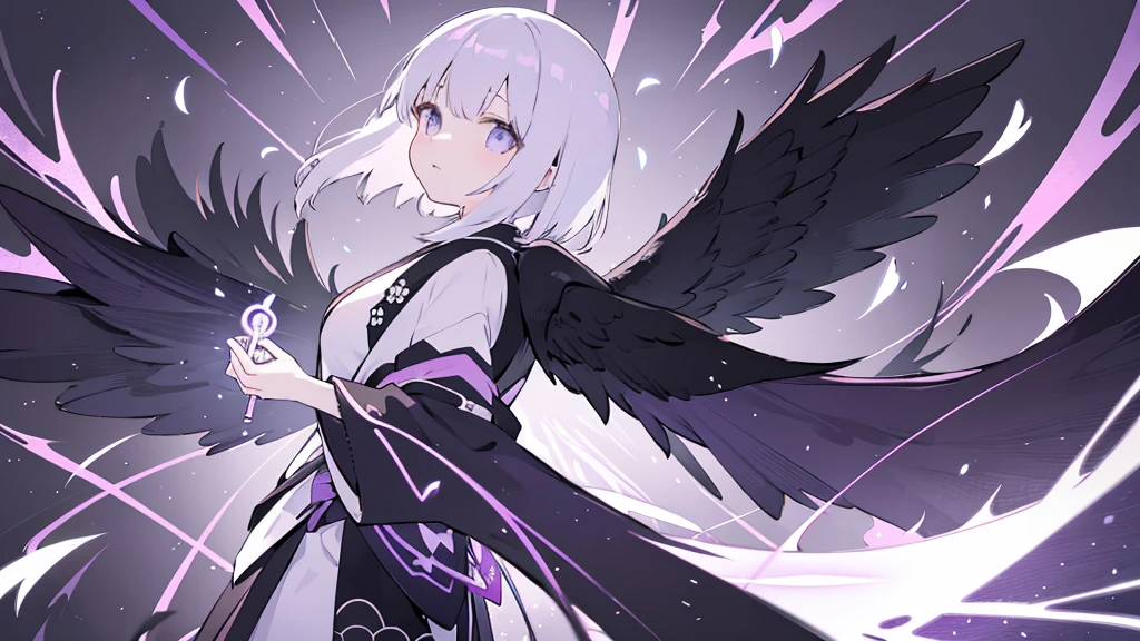 Standing Woman,Black wings on the back,Fluttering back,kimono,Purple light,force,cool,Gray background