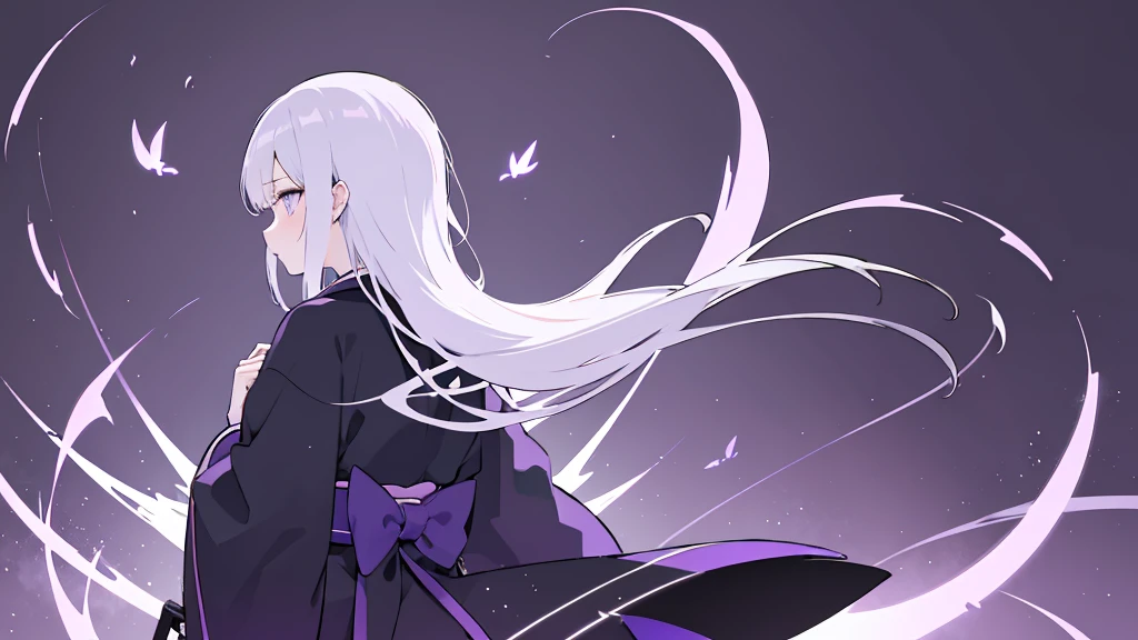 Standing Woman,Black wings on the back,Fluttering back,kimono,Purple light,force,cool,Gray background