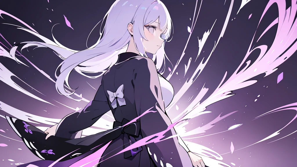 Standing Woman,Black wings on the back,Fluttering back,kimono,Purple light,force,cool,Gray background