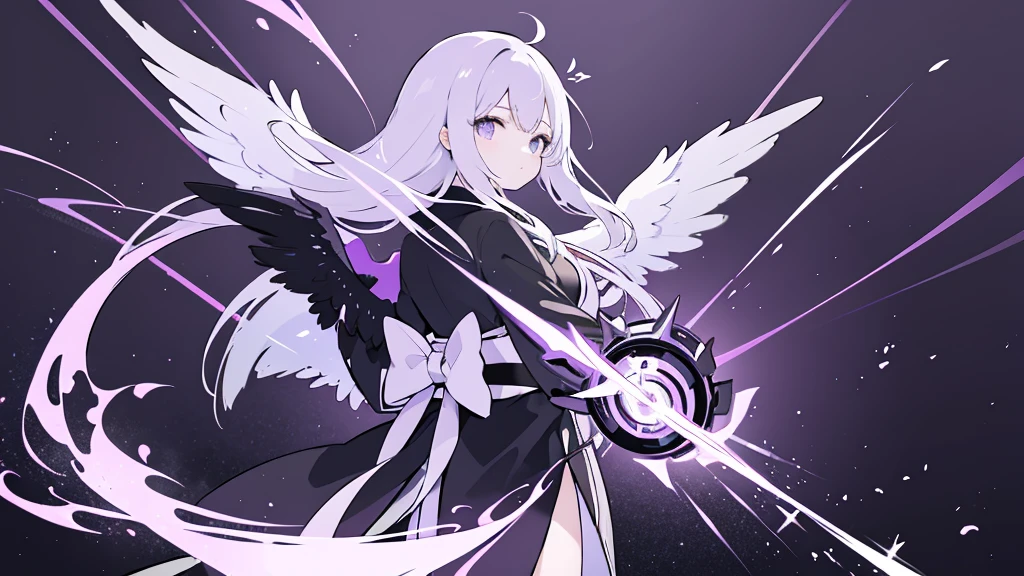 Standing Woman,Black wings on the back,Fluttering back,kimono,Purple light,force,cool,Gray background