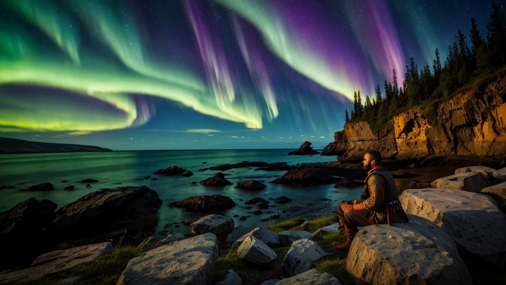 A Viking warrior sitting in meditation on a rocky cliff overlooking the sea. He is surrounded by ancient runestones, and the sky is filled with the vibrant colors of the northern lights. The atmosphere is peaceful and mystical.