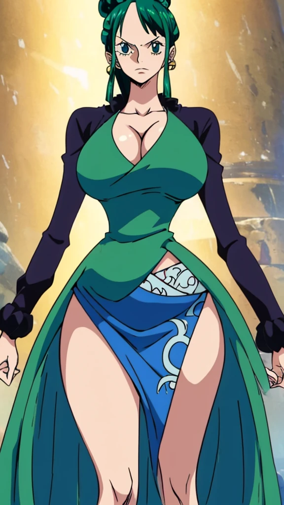 Young female, giantess (15ft 6in height), curvy body, DDD size breasts, dark green hair in two high buns, light blue eyes with designs, beautiful, vertical labret piercing, wearing comfortable simple style clothes. Standing next to Katakuri from the anime 'One Piece'.