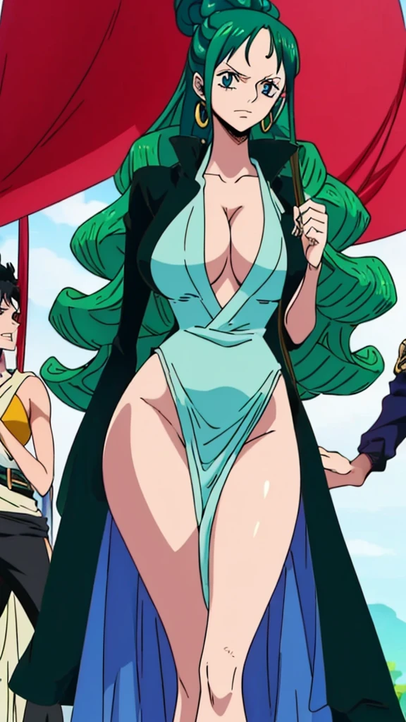 Young female, giantess (15ft 6in height), curvy body, DDD size breasts, dark green hair in two high buns, light blue eyes with designs, beautiful, vertical labret piercing, wearing comfortable simple style clothes. Standing next to Katakuri from the anime 'One Piece'.