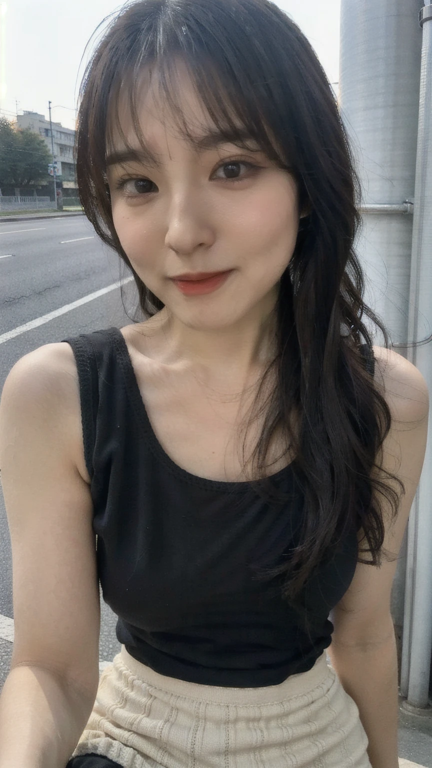 21 years old female, long hair, RAW photo, bokeh (realism: 1.4, realistic), high detail CG unified 8K wallpaper, 1girl, ((slim body)), ((skinny)), (natural big breast), back to viewer, ((direct view from the front)), (HQ skin: 1.4), 8k uhd, dslr, soft light, high quality, film grain, Fujifilm XT3, ((knit tank top, black short skirt)), ((outdoor, at park))) jangjoo, portrait,((Layered long Haircut, black hire)),(looking at viewer:1.4),(close up), (((height:163cm))).