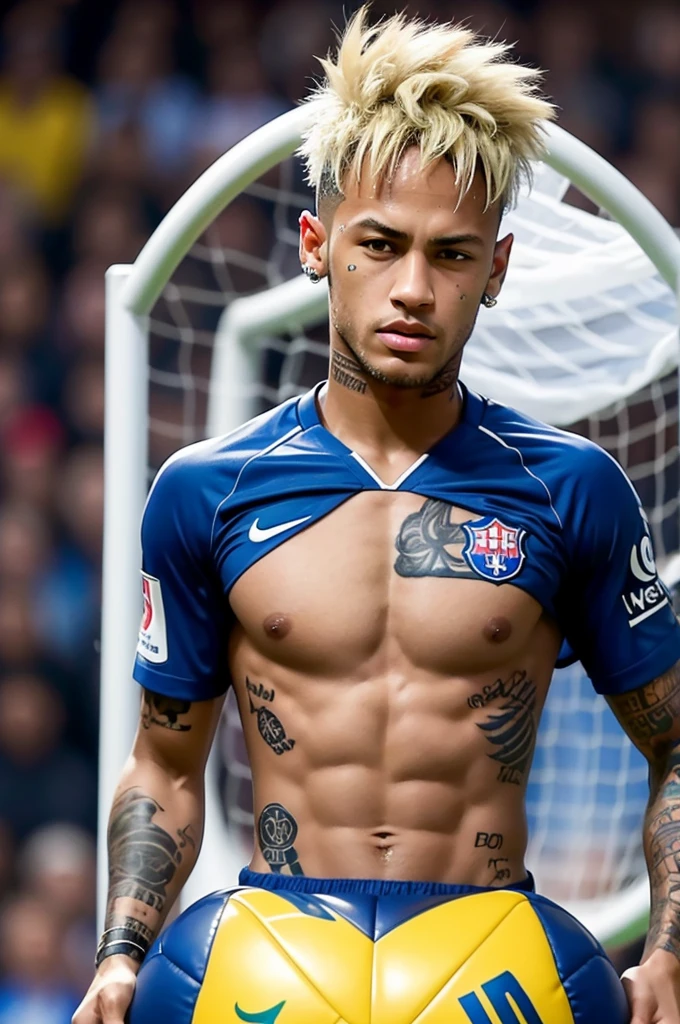 Neymar with the ball on his chest in front of the goalpost with a tiny mohawk hair tattoo