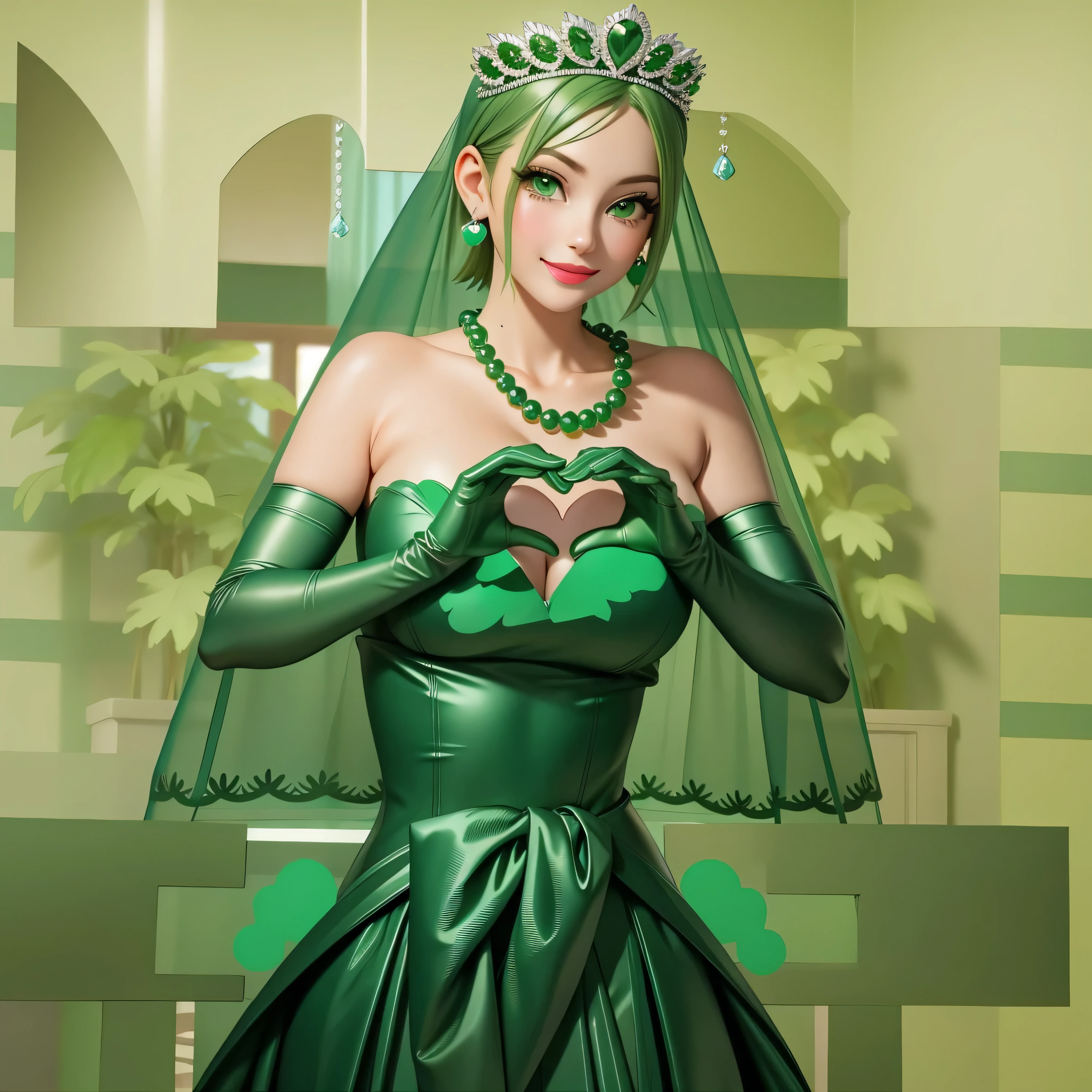 emerald tiara, Green Pearl Necklace, Boyish very short green hair, Green Lips, Smiling Japanese woman, Very short hair, Busty beautiful lady, Green Eyes, Green satin long gloves, Green Eyes, Emerald Earrings, Green veil, Heart with both hands, Green Hair, Beautiful Japanese Woman, Heart shaped hands:1.3, green lip gloss