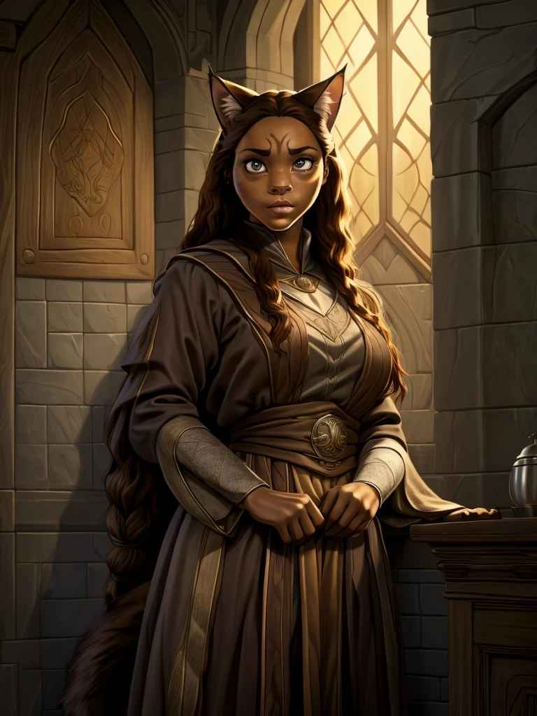 Hermione Granger cat, (brown-haired woman, hairlong),  Khajiit-Female