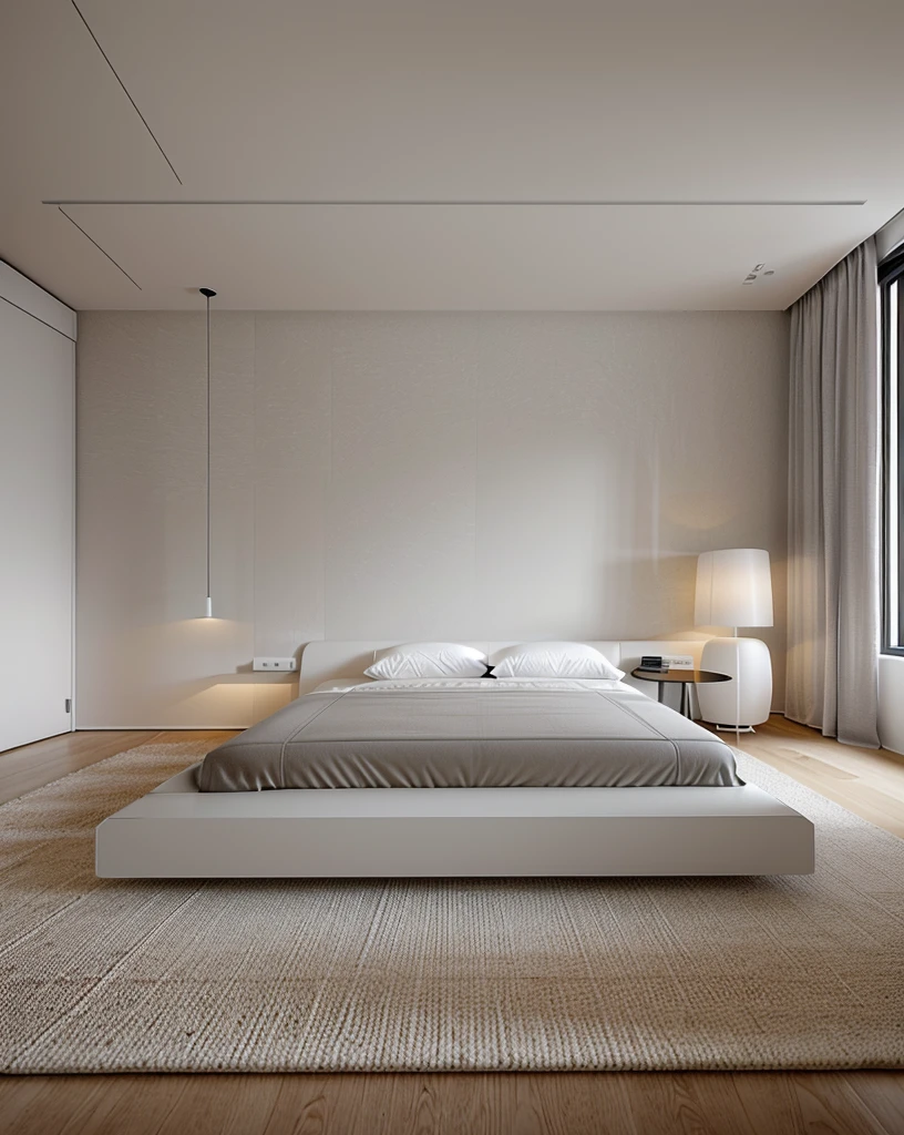 View from bedroom with bed and lamp, minimalistic and beautiful, modernsimplicity, maximalist interior design, muted colors with minimalism, minimalist and clean, White bed, all white render, Bed room, Modern minimalist, serene bedroom setting, pastel colour. Minimalist, modern minimal design, natural light in room, muted palette mostly white, simple clean lines