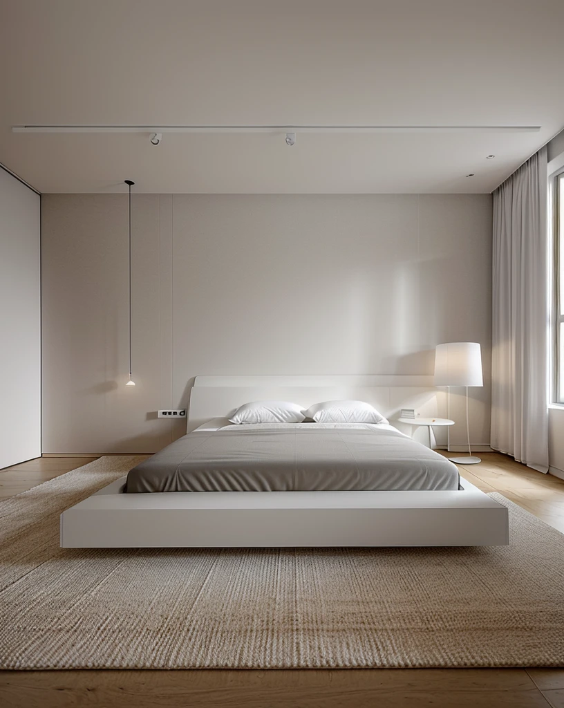 View from bedroom with bed and lamp, minimalistic and beautiful, modernsimplicity, maximalist interior design, muted colors with minimalism, minimalist and clean, White bed, all white render, Bed room, Modern minimalist, serene bedroom setting, pastel colour. Minimalist, modern minimal design, natural light in room, muted palette mostly white, simple clean lines