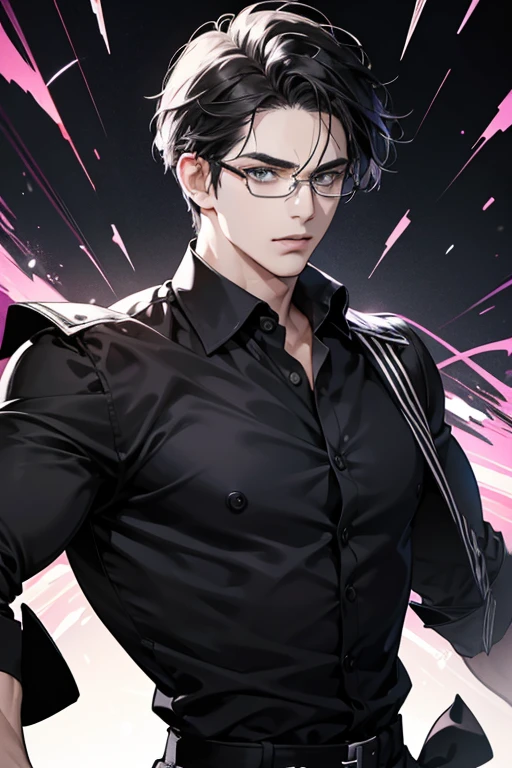 a 39 year old man, beautiful anime portrait, strong masculine face, sharp jawline, mesmerizing grey eyes, perfectly styled dark hair, cool anime outfit, confident expression, bright colors, dynamic lighting, black shirt, glasses on face