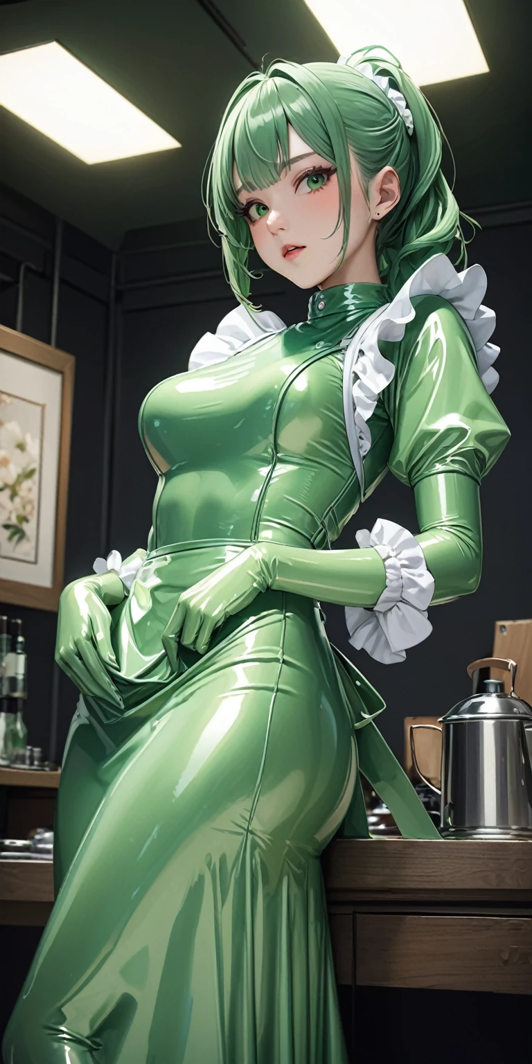 Portraiture、(masterpiece,Highest quality,Ultra-high resolution),Japanese women, (((Very beautiful 25 year old girl))),(Pale green latex maid outfit)、(Pale green latex long skirt)、(A long-sleeved latex shirt that covers the upper body)、Pale green latex gloves、Pale green latex socks、Pale green latex bodysuit、Frills、Pale green latex apron that fits snugly from the chest down、Latex is very shiny、Dark Room、