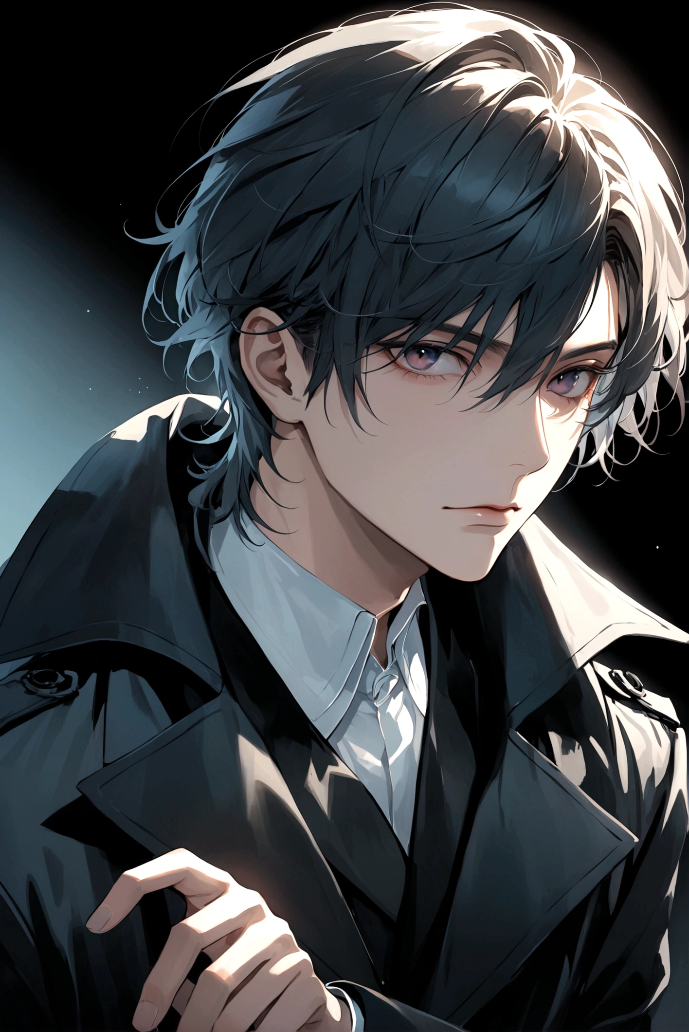 Exquisite facial features,Young male,Black trench coat