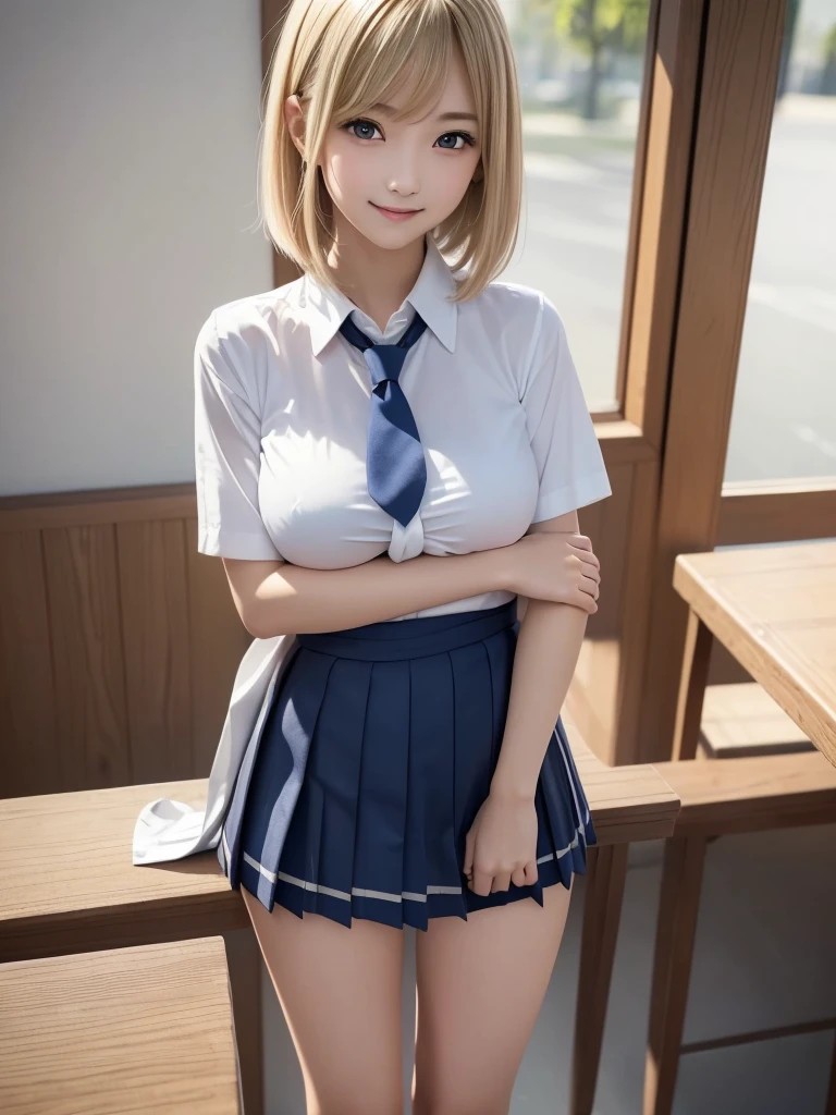 8K, Highest quality, The real picture, Intricate details, Very detailed, Ultra-high resolution, Depth Field,(Realistic,Realistic:1.2),Tabletop , ((Full Body Shot)) , ((Long, slender legs)), 1 girl, eye_Chan, Very beautiful 17 year old girl, innocent big eyes,、Beautiful breasts:1.5、非常に詳細なeye:1.2)、(Beautiful breasts:1.1)、((Blonde))、(Long Bob Hair), Asymmetrical bangs, Perfect Skin, Fair skin, Small breasts, Tight waist, alone, Staring at the audience, (smile)、((School_uniform), (White shirt、Wear a tie), (Blue checkered pleated micro mini skirt), ((Fold your arms in front of your chest and act arrogantly)), ((楽しそうなsmile)), ((Perfect hand shape))
