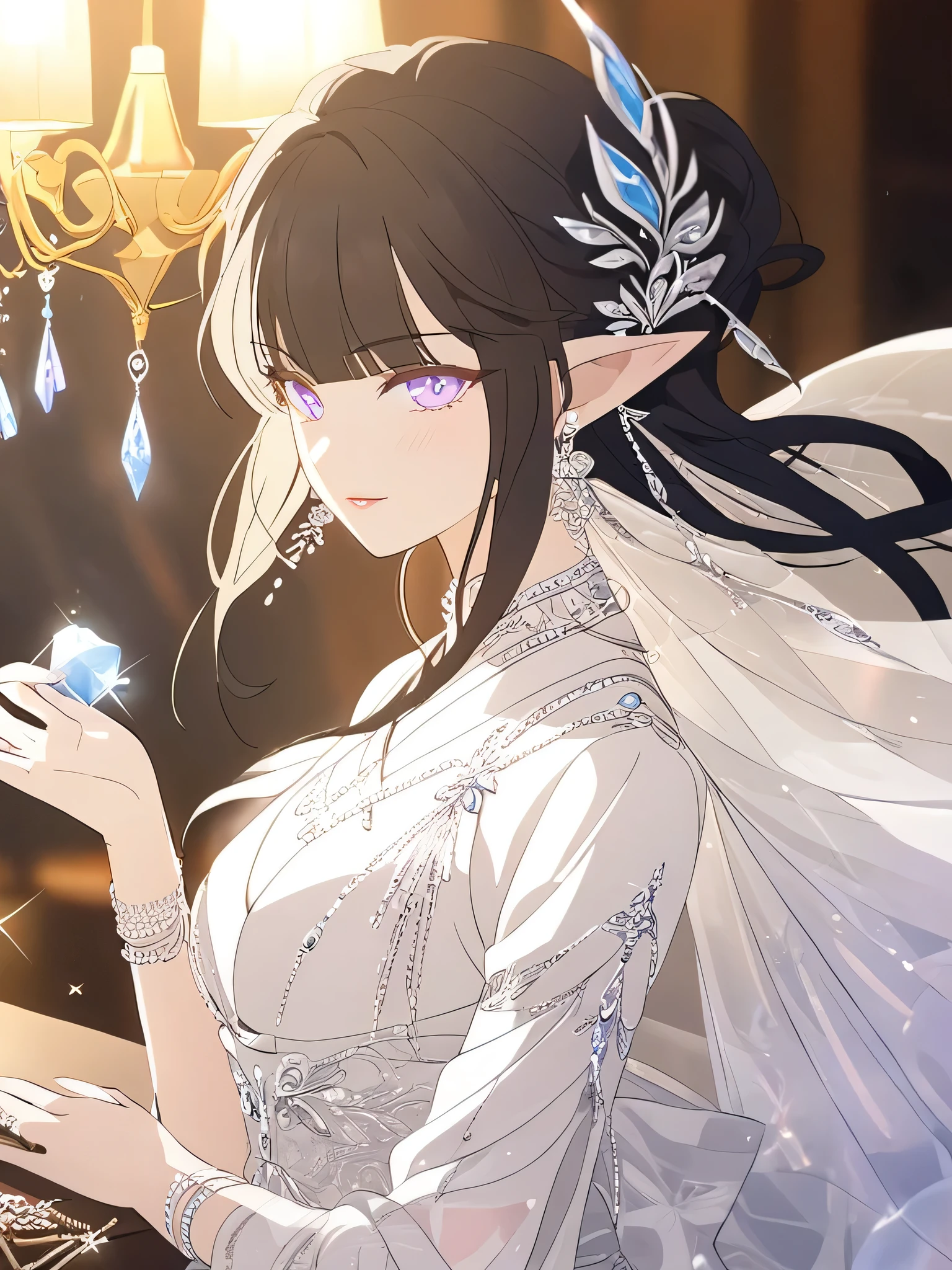 1woman, jeweler, elven, black hair, bangs, elegant hairstyle, Ice gems colour eyes, luxury white, elegant, traditional thai costume,