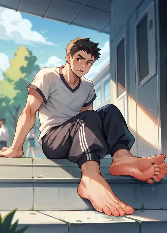 School sports boy showing smelly 
feet in public 