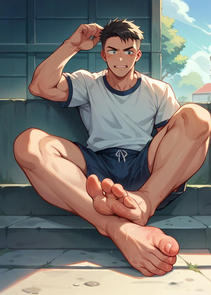 School sports boy showing smelly 
feet in public 