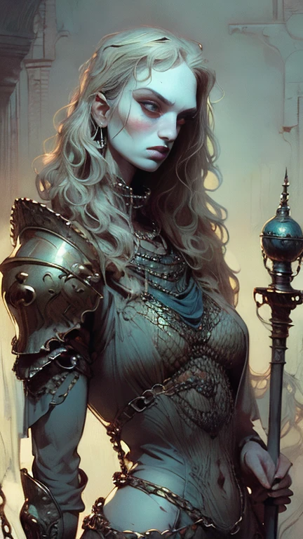 European woman, (((wide hips))), 8k, absurd res, ((wide eyes)), flawless face, girl with a soft body, same girl, 1girl, average mature body, natural body, ((super wide hips)), full body image, 1girls, solo, masterpiece, highly detailed, flawless eyes, expressive detailed eyes, pale skin, wide eyed, detailed pupils, realistic skin, some freckles, realistic skin texture, ((small chest)), blushing, super detailed skin, smooth background, focused face, analog style, (chin length hair), ((pale blue wavy hair)), dark blue wallpaper, (broad hips), ((wearing a chainmail armor)), dark moody atmosphere, (full body image), (metal greaves and gauntlets), (holding a mace)
