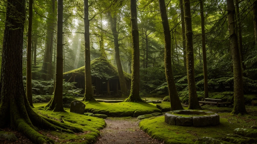 A mystical ancient forest with tall, moss-covered trees and shafts of light piercing through the canopy. Hidden among the trees are Viking artifacts like shields, swords, and a small carved altar, creating an aura of ancient serenity
