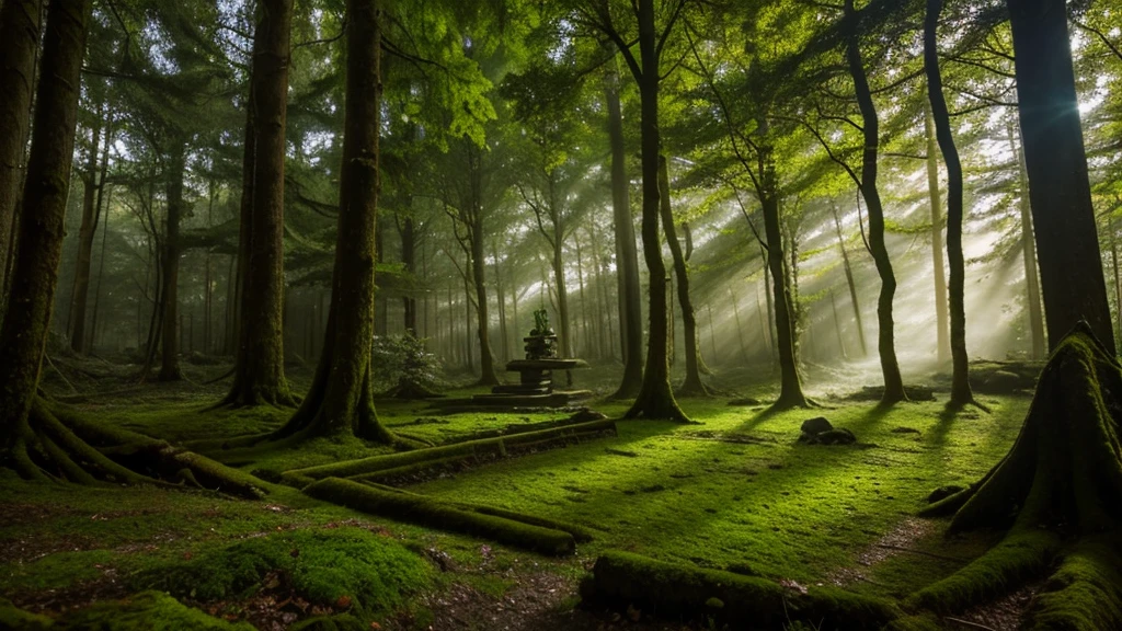 A mystical ancient forest with tall, moss-covered trees and shafts of light piercing through the canopy. Hidden among the trees are Viking artifacts like shields, swords, and a small carved altar, creating an aura of ancient serenity