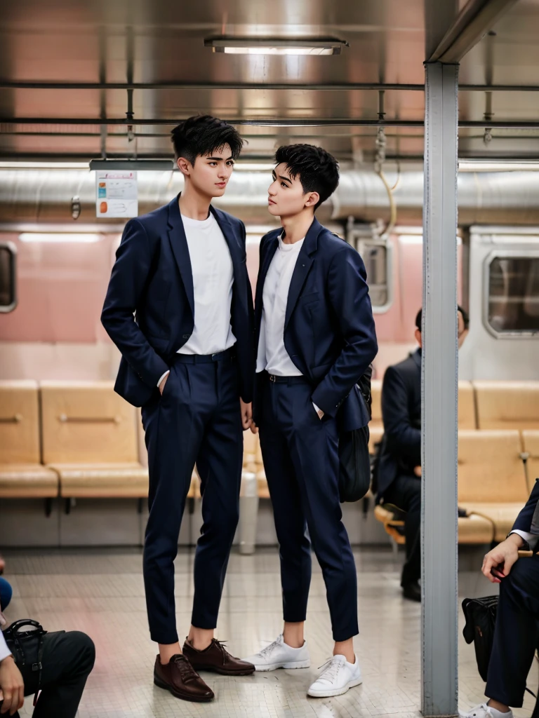 1人,A 20-year-old man in the subway,Standing in a subway car,Ultra-flat head,Wearing a suit and pants,huge bulge, leg apart,musculous,Handsome,Look at your phone,Wear AirPods,Wear an Apple Watch, backpack,white short socks,White sneakers,pervert smirk,exhilarated,full bodyesbian,Exposing thighs,Expose calves,Thick leg hair,In crowded subway cars,gentlesoftlighting,tmasterpiece,best qualtiy,8K UHD,digital SLR camera,filmgrain,Fujifilm XT3 Realistic painting art,Written by Midjourney and Greg Rutkowski