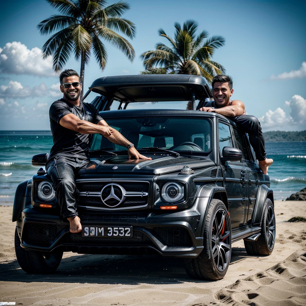 european, european men, posing, detailed face, car and people, people standing in front of car, laughing, smiling, happy, group, men, elite, muscular, brotherhood, Black Brabus, Brabus G Wagon, Mercedes, surfboards in the background, (brotherhood, group of elite men) muscular, sporty, rich, luxury, beach, sun, fitness, shredded