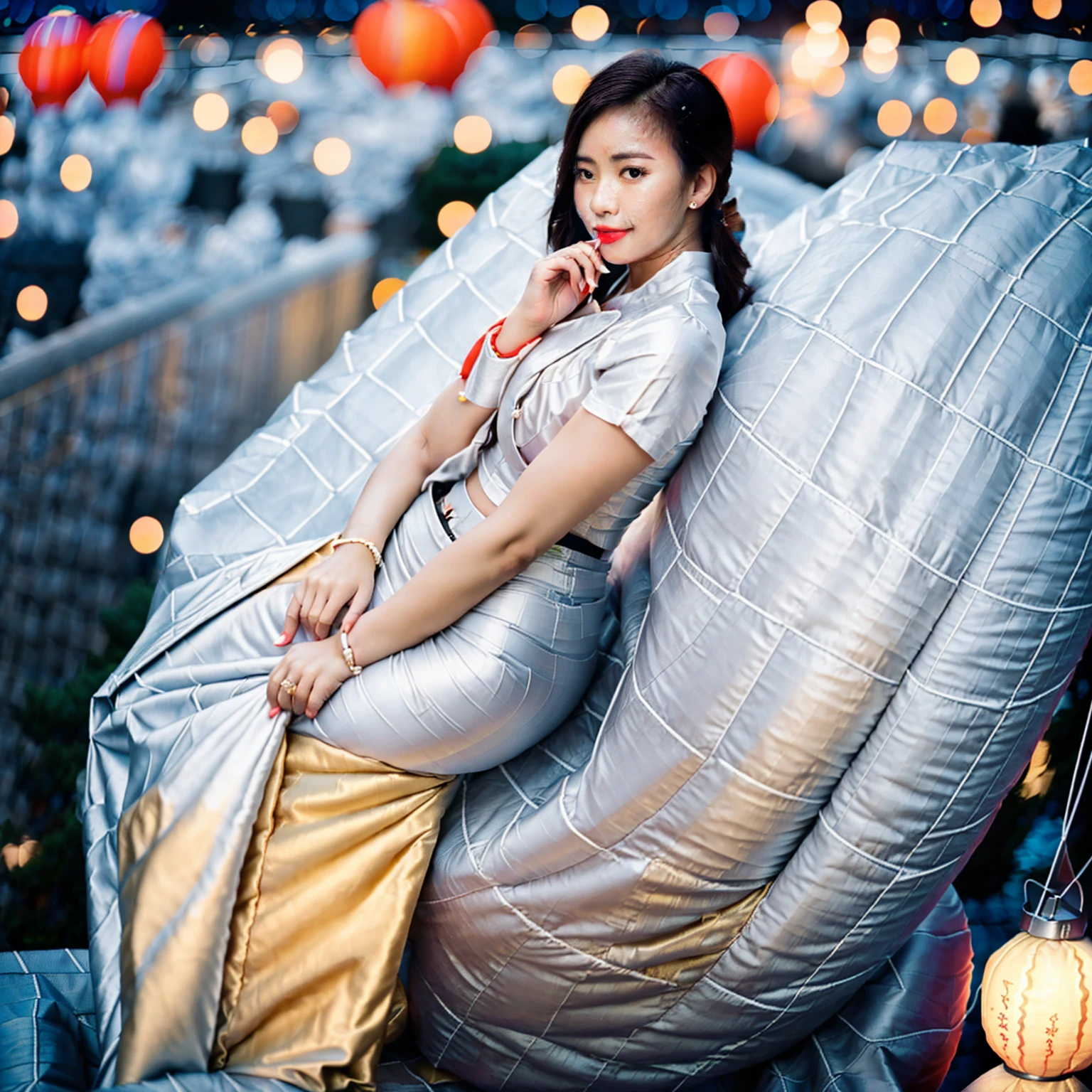 Burmese beautiful woman, 1 girl, solo, pretty lady MoonLay, innocent cute smile, red lips, (stylishly sitting on a stool and seductively gazing to the sky pose:1.5), smooth face skin, traditional beauty, cinematic portrait glow lighting, traditional dress, (white shirt:1.3), (red skirt:1.3), high heel, (full body view:2), (rooftop balcony with vibrant colorful hanging lanterns background:1.5), (cinematic bokeh blur background:1.5), cinematic lighting, perfect anatomy,