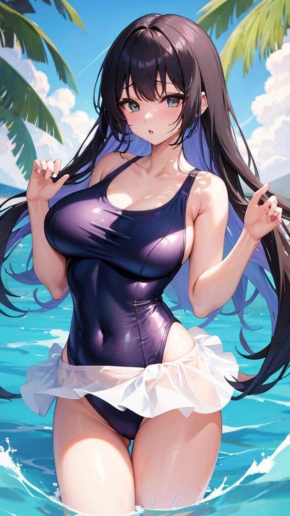 Woman in swimsuit alone in summer pool、Her swimsuit is very sexy.、His skin is not very hidden.、Raise your hair、looking here、Emphasis on the chest.、big and full breasts、High level image quality、8k,Mesa, Best Quality, detailed, 8k, 4k, high resolution, detailed beautiful eyes,Upper part of the body,