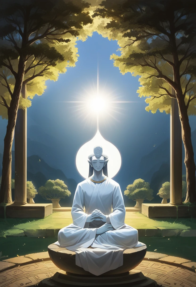 A closeup of a statue of a person sitting in a lotus position, on path to lighting, spiritual lighting, on the path to lighting, floating in a powerful zen state, budism, sunlit, lighting, lighting. intricate, hindu stages of meditation, brooding, the buddha, meditation, radiant morning light, spiritual light, mystical scenery, zen meditation, buddhist