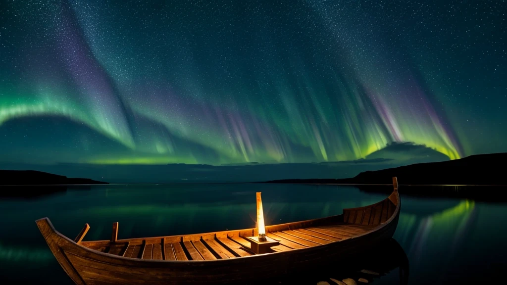 A Viking longship drifting on a calm, reflective sea under a starry night sky. The water is still and clear, mirroring the stars and the northern lights above. The scene is quiet and serene, with a sense of peaceful journey