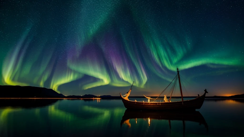 A Viking longship drifting on a calm, reflective sea under a starry night sky. The water is still and clear, mirroring the stars and the northern lights above. The scene is quiet and serene, with a sense of peaceful journey