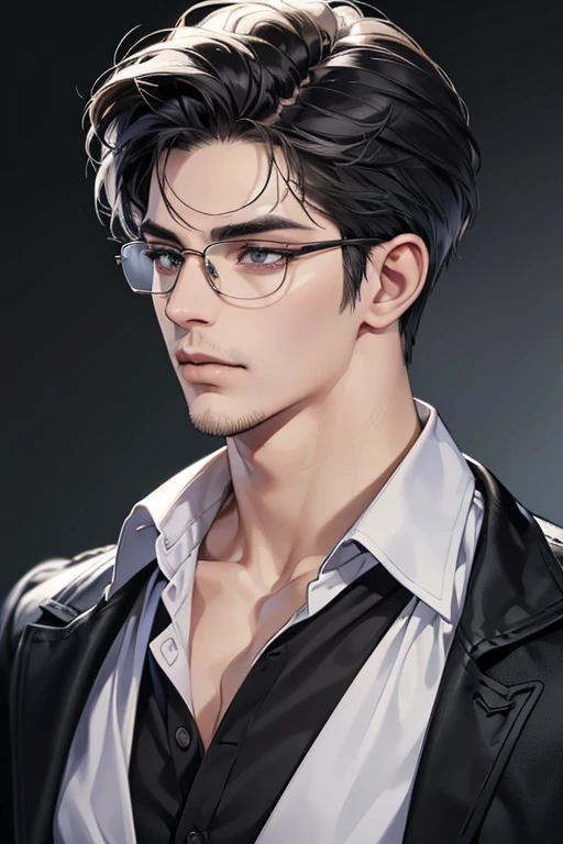 (Best quality,4K,8K,a high resolution,masterpiece:1.2),ultra detailed,(realistic,photorealistic,photo-realistic:1.37),39 year old man,3 day beard,Beautiful anime,portraits,strong,masculine,dark hair,Sharp jawline,Mesmerizing eyes,Perfectly styled hair,cool anime outfit,confident expression,bright colors,dynamic lighting, grey eyes, (black shirt, glasses on face)