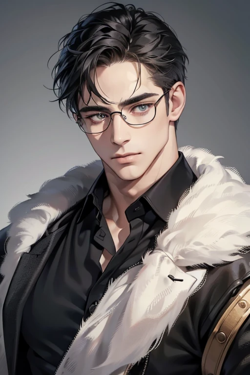 (Best quality,4K,8K,a high resolution,masterpiece:1.2),ultra detailed,(realistic,photorealistic,photo-realistic:1.37),39 year old man,3 day beard,Beautiful anime,portraits,strong,masculine,dark hair,Sharp jawline,Mesmerizing eyes,Perfectly styled hair,cool anime outfit,confident expression,bright colors,dynamic lighting, grey eyes, (black shirt, glasses on face)