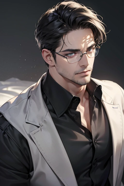 (Best quality,4K,8K,a high resolution,masterpiece:1.2),ultra detailed,(realistic,photorealistic,photo-realistic:1.37),39 year old man,3 day beard,Beautiful anime,portraits,strong,masculine,dark hair,Sharp jawline,Mesmerizing eyes,Perfectly styled hair,cool anime outfit,confident expression,bright colors,dynamic lighting, grey eyes, (black shirt, glasses on face)